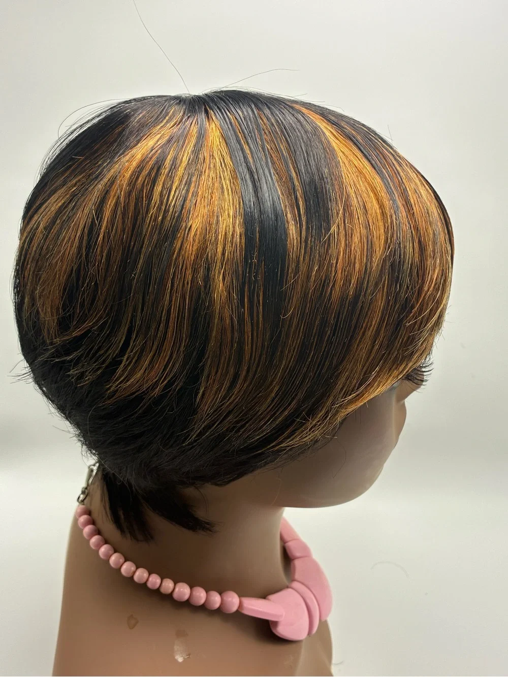 Short Black Wig with Golden Highlights - Stylish Women's Hair.  Human Hair
